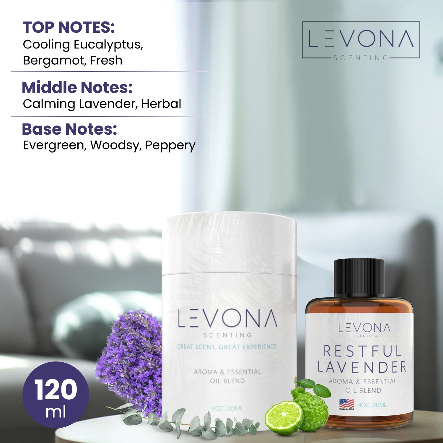 Levona Scents Pure Essential Oils For Diffusers For Home Luxury Scents - Restful Lavender Essential Oil Is A Floral Blend Of Eucalyptus, Bergamot, Lavender - Aroma Diffuser Oil