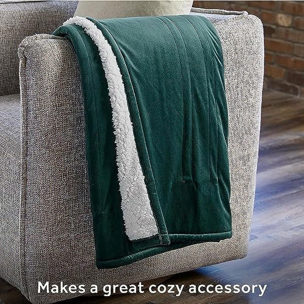Sunbeam Royal Mink Sherpa Botanical Green Heated Personal Throw Blanket Full
