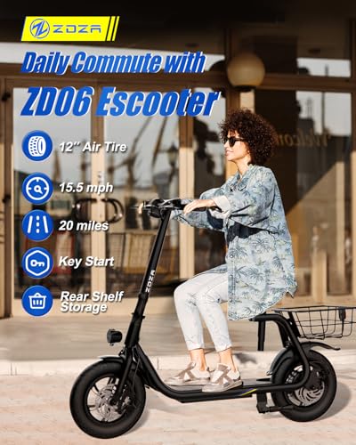 Electric Scooter with Seat ZD06, 800W Peak Motor, 20 Mile Range & 15.5 Mph, Key Start, Foldable E-Scooter with Carry Basket for Pets & Cargo, Electrically-Powered Motor Scooters