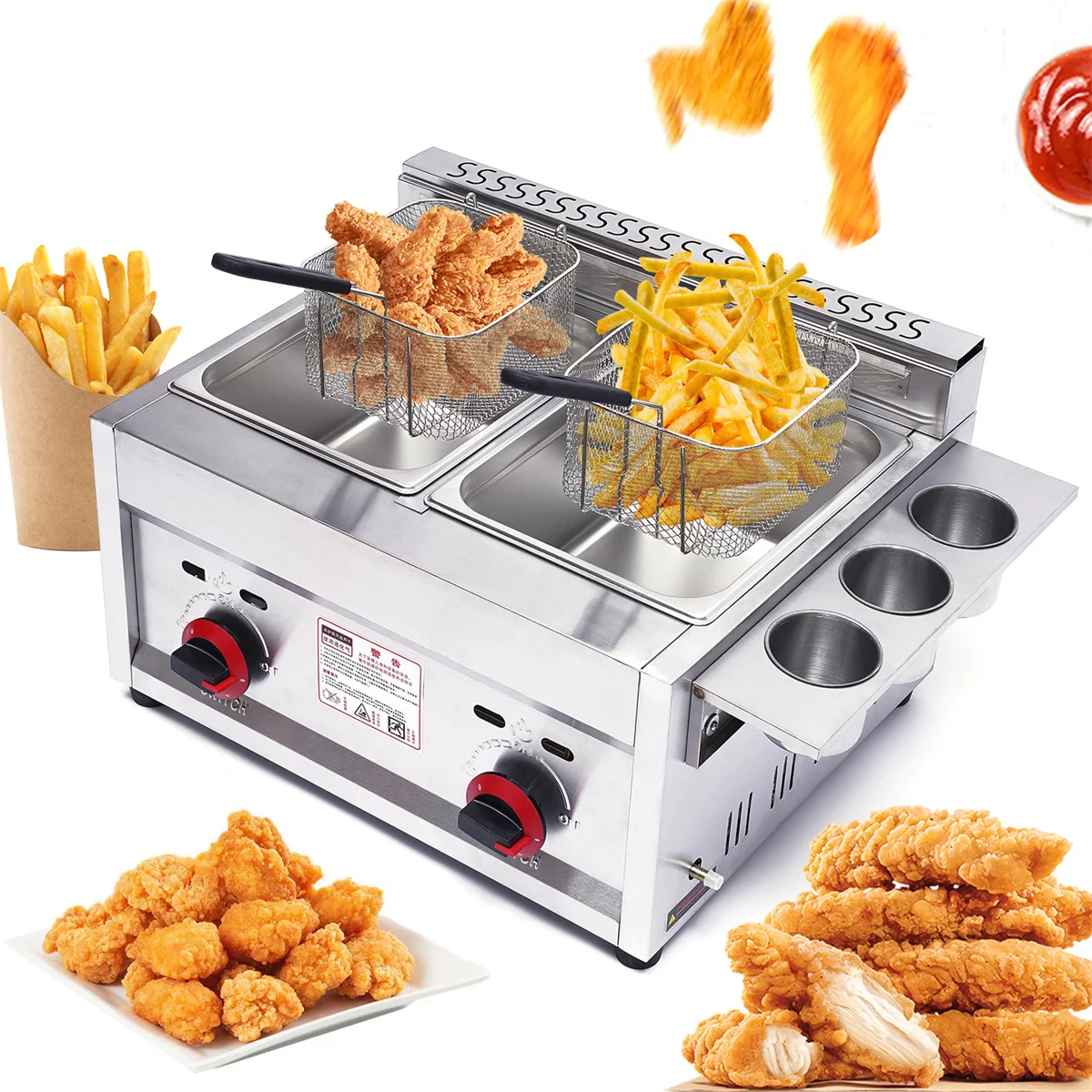 Oukaning Commercial Gas Fryer Deep Fryer Petroleum 2 Basket 6L*2 Stainless Steel（Silver）