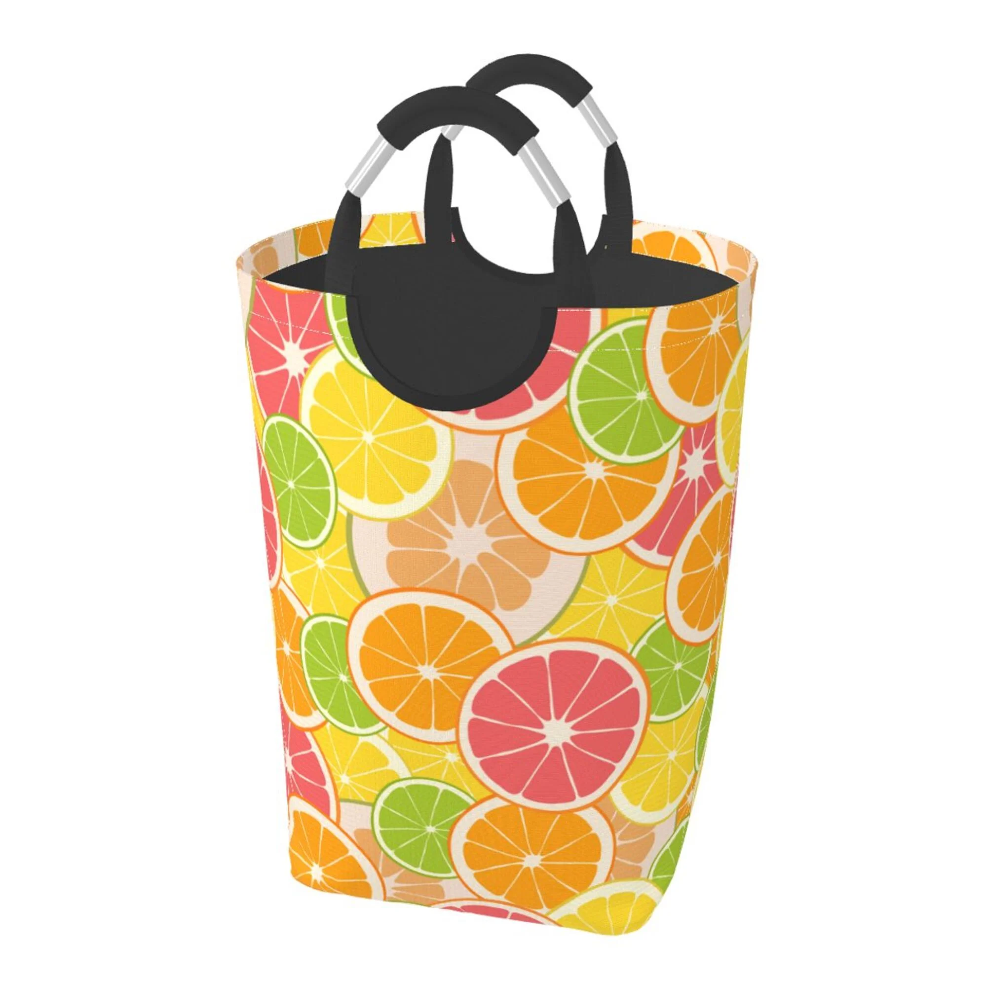 DouZhe 50L Rectangular Laundry Basket, Cute Lemon Orange Fruits Prints Waterproof Foldable Laundry Hamper with Aluminum Handles