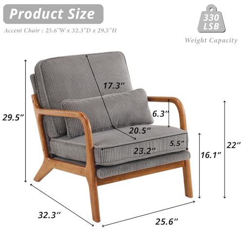 Karl home Mid-Century Modern Accent Chair, Living Room Chairs with Pillow Corduroy Upholstered Lounge Armchair with Solid Wood Frame & Soft Cushion for Bedroom, Reading Room, Gray