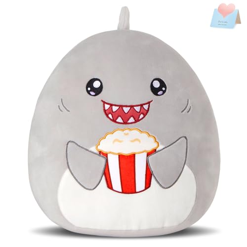 Glow Guards 12'' Shark Plush Pillow Cute Shark Stuffed Animal Holding Popcorn Soft Plush Toy Stuffed Animals Birthday Gift for Boys Girls Kids