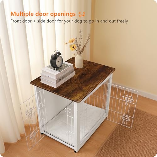 DWANTON Dog Crate Furniture with Cushion, Wooden Kennel Table with Double Doors, Indoor Dog House, Small/Medium/Large/Extra Large Size, 27.2