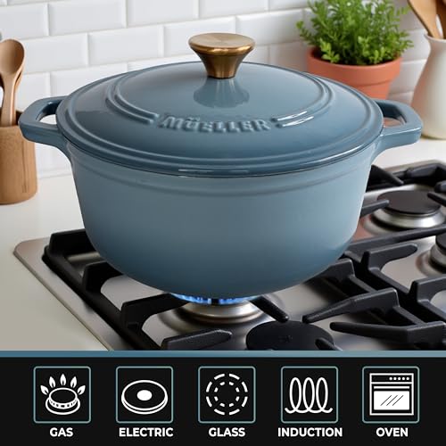 Mueller 6qt Enameled Cast Iron Dutch Oven, Heavy-Duty Casserole and Braiser Pan with Lid and Knob, Oven-Safe up to 500° F & Across All Cooktops, White