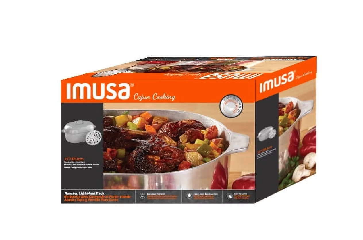 Imusa 15 inch Cajun Oval Heavy Duty Cast Aluminum Roaster Pan with Lid and Roasting Tray, 1 Count