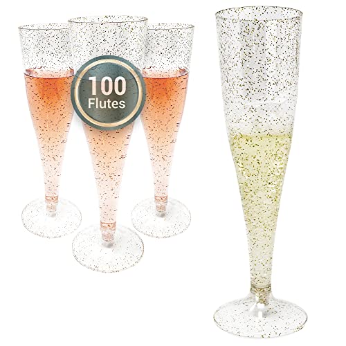 Reli. Champagne Flutes Plastic | 100 Pack | 4.5 oz - Gold Glitter | Premium Plastic Champagne Flutes | Party-Perfect for Celebrations