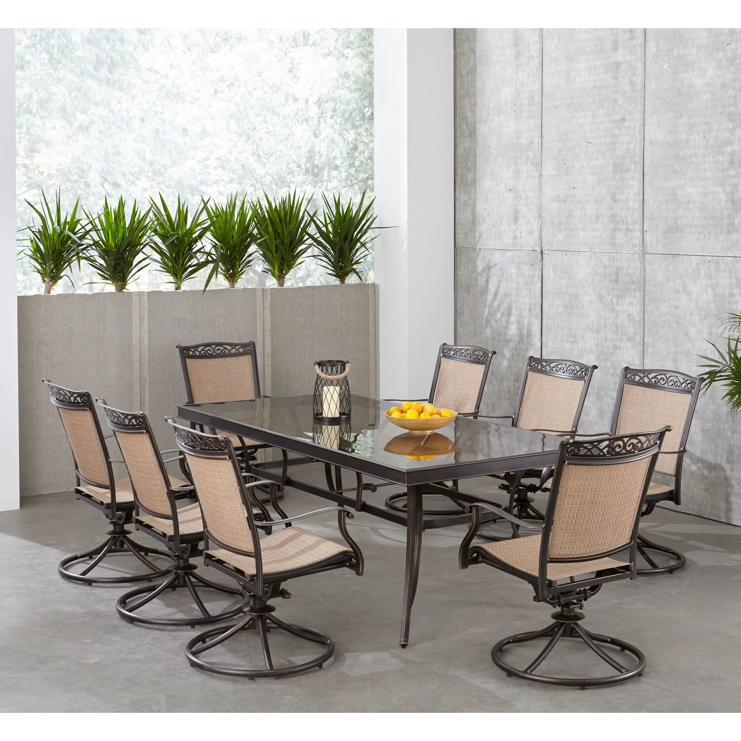 Hanover Fontana 9-Piece Outdoor Dining Set with Swivel Rockers and Glass-Top Table