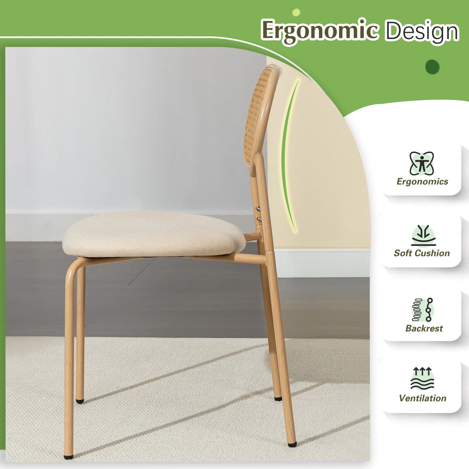 COSVALVE Set of 4 Boho Dining Chairs with Rattan Back, Upholstered Cane, Metal Legs