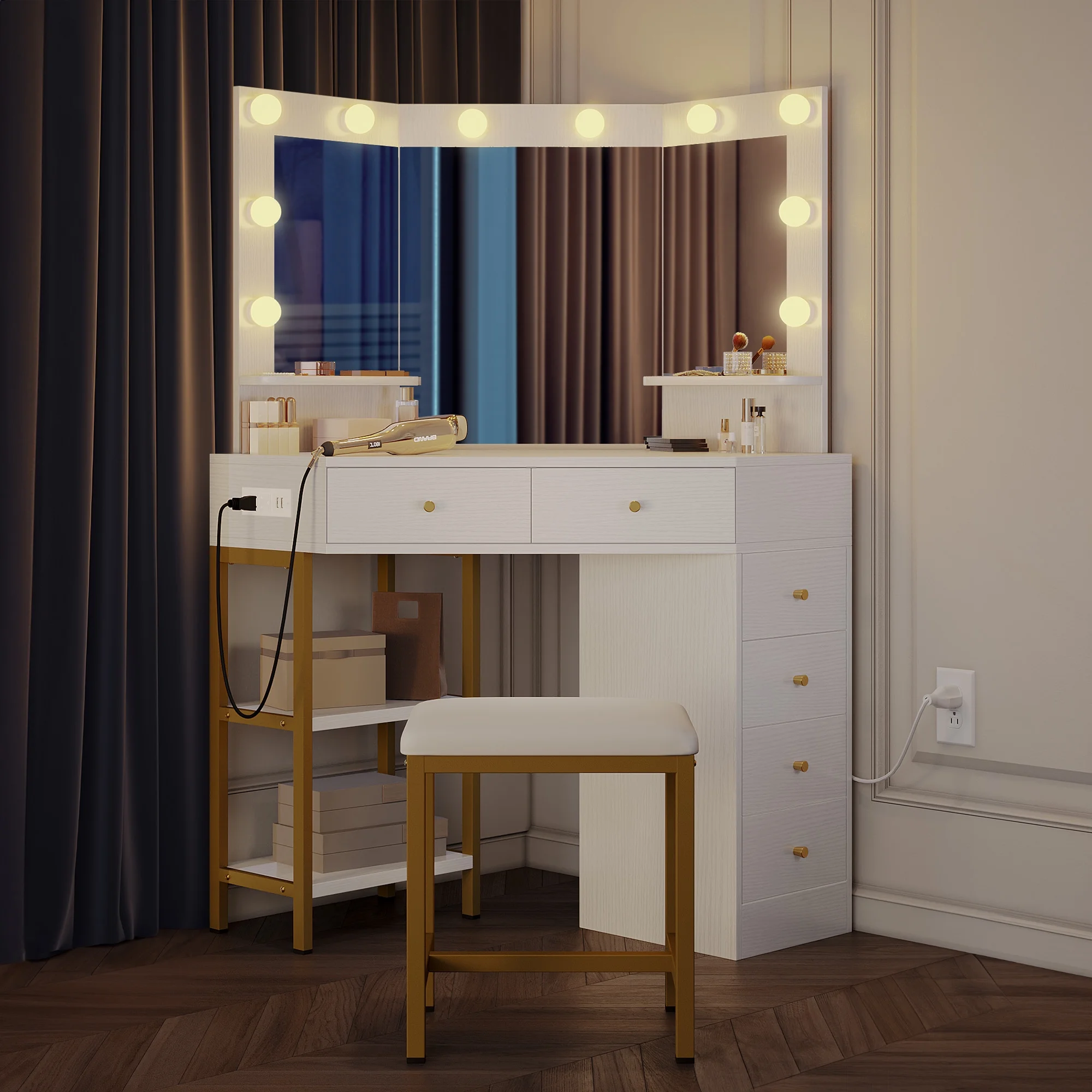 DWVO Corner Vanity Desk With Lights & Mirror, Makeup Vanity with Shelf & 6 Drawers, Vanity Dressing Table for Makeup,Modern Desk Vanity for Bedroom, White