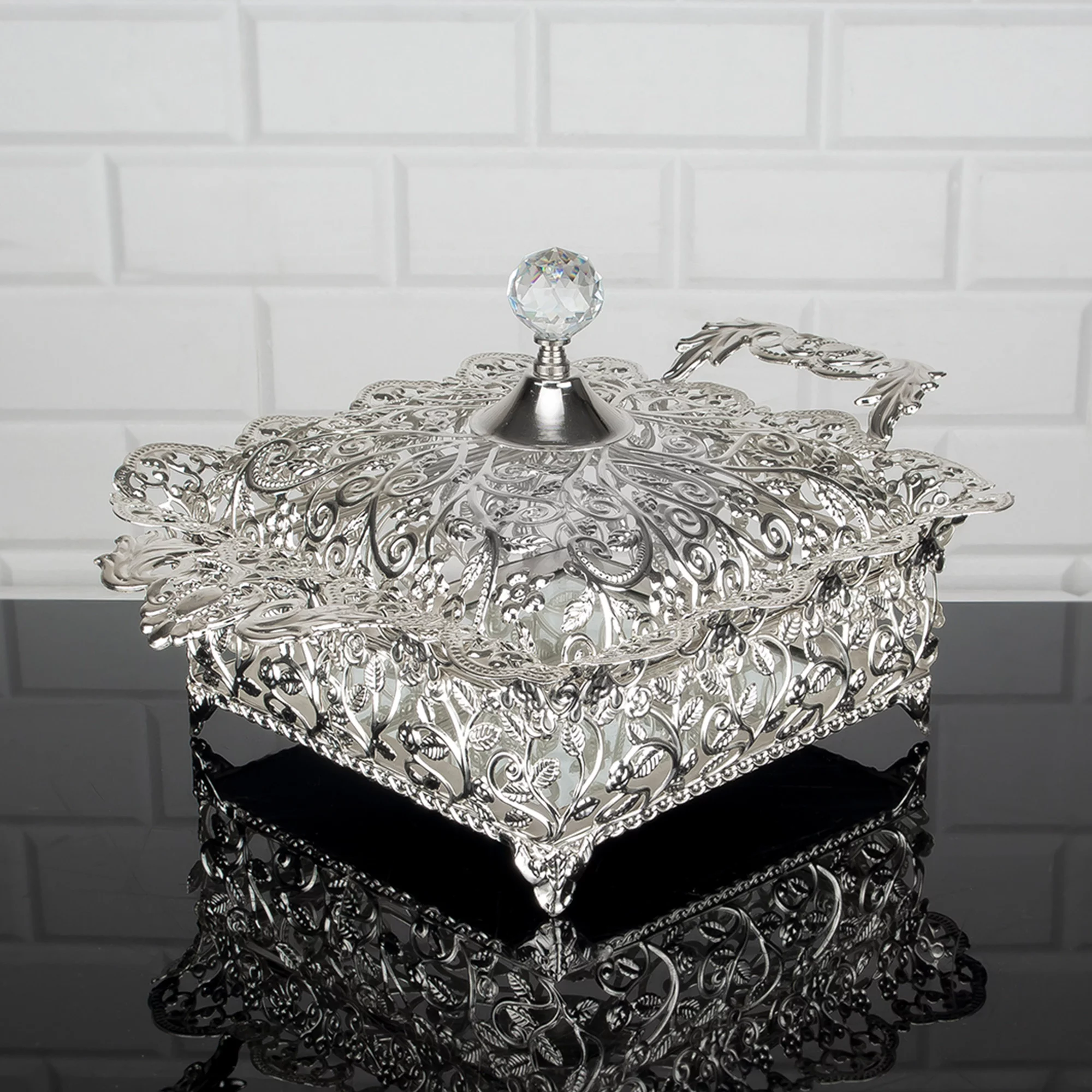 Handmade Fancy Candy Dish, Stainless Metal Decorative Sugar Serving Bowl with Lid and Crystal Top, Square Gold Candy Jars for Office Desk, 13.4 in