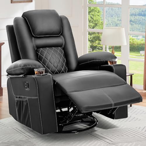 YITAHOME Swivel Rocker Recliner Chair with Massage & Heat, 360° Rotation Rocking Recliner, Faux Leather Manual Recliner with Cup Holders, Home Theater Seating for Living Room, Black