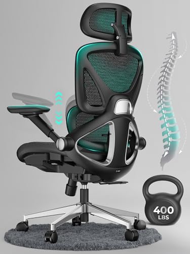 Ergonomic Mesh Office Chair, Adjustable Lumbar High Back Desk Chair 400lbs, 4D Flip-up Arms, 3-Level Tilt Backrest, 3D Headrest, PU Wheels, Swivel Rolling Computer Seating for Long Desk Work