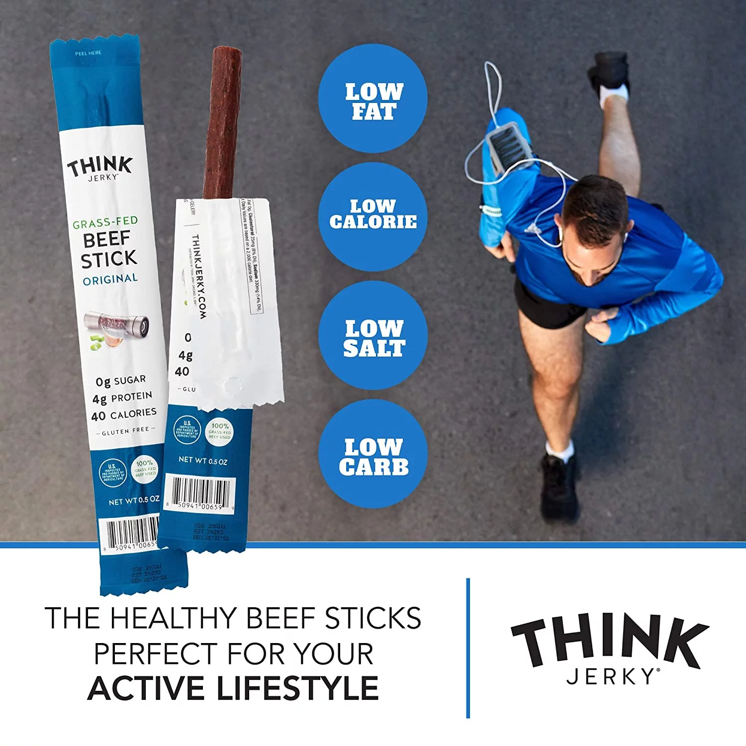 Think Jerky, Original Grass-Fed Beef Sticks (0.5 Ounce Sticks, Pack of 20 Sticks) - Sugar Free, Gluten Free, Non GMO, No Nitrates, Keto Friendly, Paleo, High Protein, Low Carb