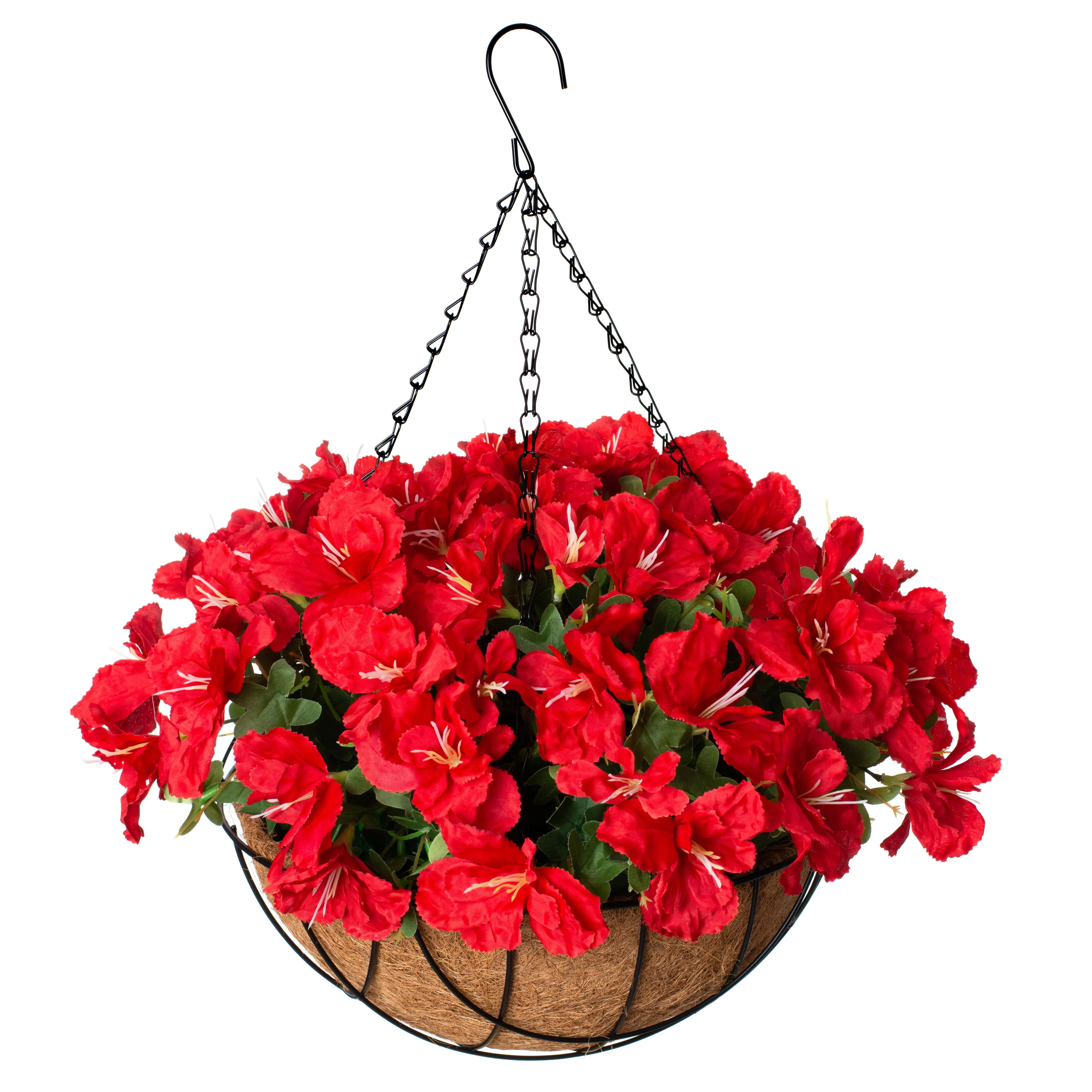 INXUGAO Artificial Flowers Hanging Basket for Outdoor Indoor , Fake Hanging Plant Silk Azalea in Basket Faux Flower Arrangement for Garden Yard Pouch Patio Indoor Home Decoration (red)