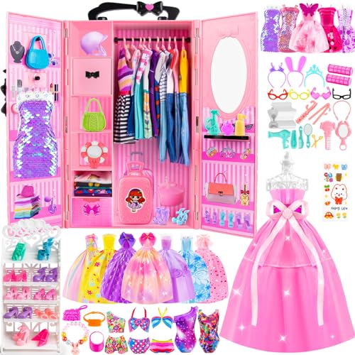 137 Pcs Doll Clothes and Accessories with Closet for 11.5 Inch Doll,Included Princess Dresses,Fashion Dresses,Casual Clothing,Swimsuits,Bags,Shoes,Doll Dress up Toys for Girls Kids Toddlers Gifts