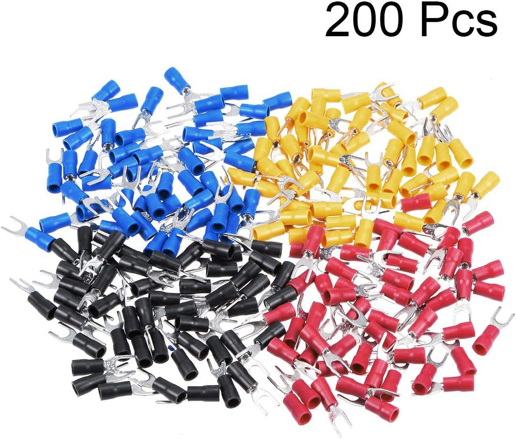 uxcell 200Pcs SV1.25-4S Insulated Fork Spade U-Type Wire Connector Electrical Crimp Terminal 22-16AWG Blue/Black/Red/Yellow