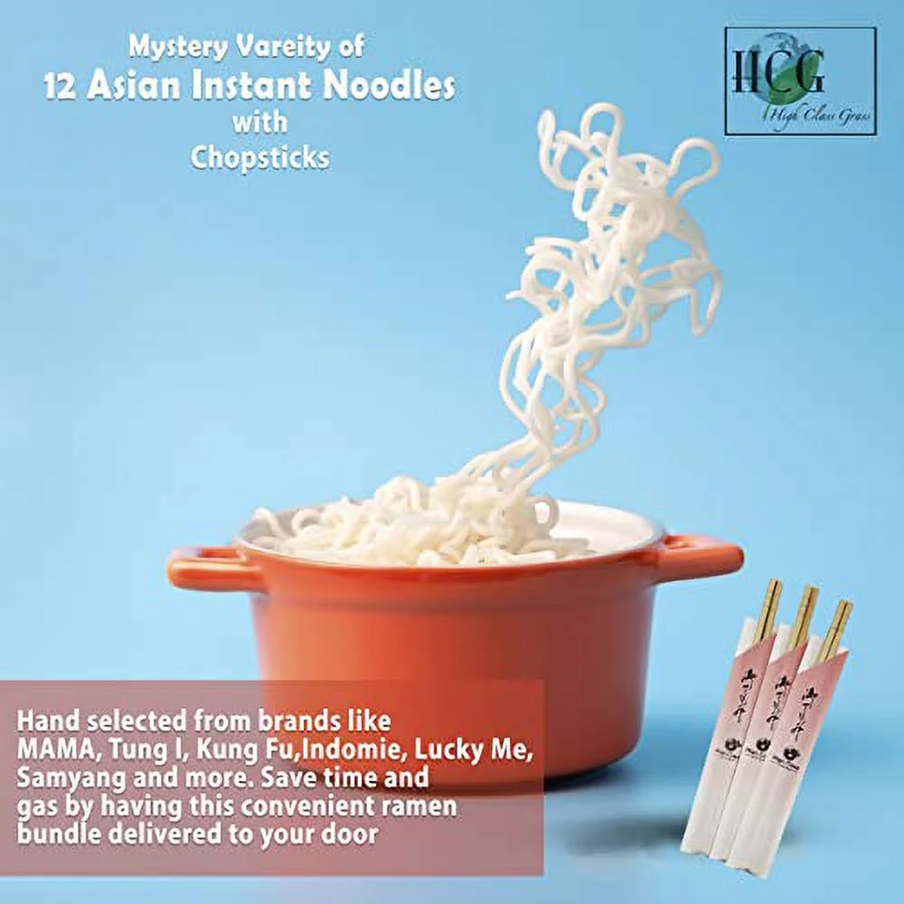 HCG Asian Ramen Noodle Variety Pack of 12 Instant Noodles and Chopsticks