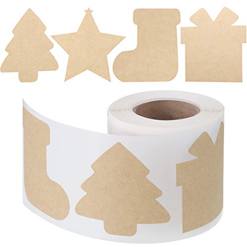 Outus 300 Pcs Christmas Gift Tags Stickers Name Kraft Paper Labels Stickers Brown Christmas Tags for Xmas Gift 4 Shapes Xmas Tree Star Sock and Present Box 2.5 x 2.5 Inches