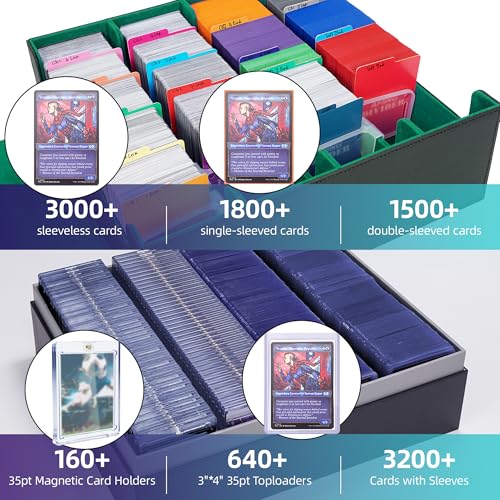 AFIING Trading Card Storage Box, MTG Deck Box with 48 Dividers & Supporters, Commander Card Deck Case Fits for Magic Game Cards, YugiOh, TCG, baseball and Sport Cards, Black Blue 3200+