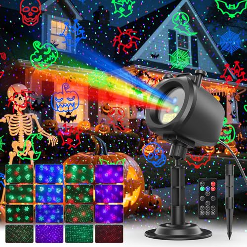 Halloween Christmas Laser Lights Projector Outdoor with 4 Dynamic Slides, 2-in-1 Moving RGB Firefly Laser Lights with Remote,Timer, Landscape Holiday