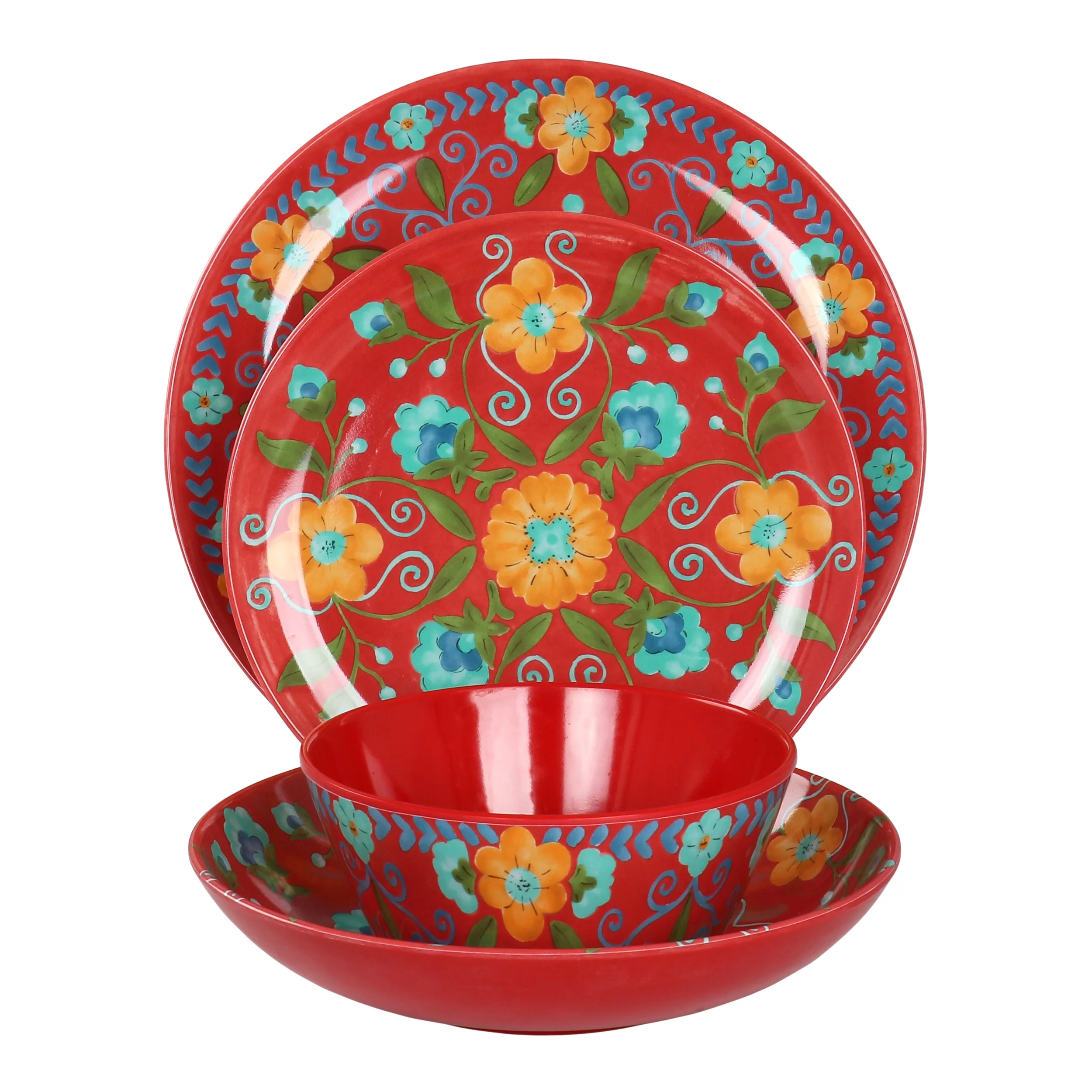 Laurie Gates California Designs Elena Amour 16 Piece Floral Round Melamine Dinnerware Set