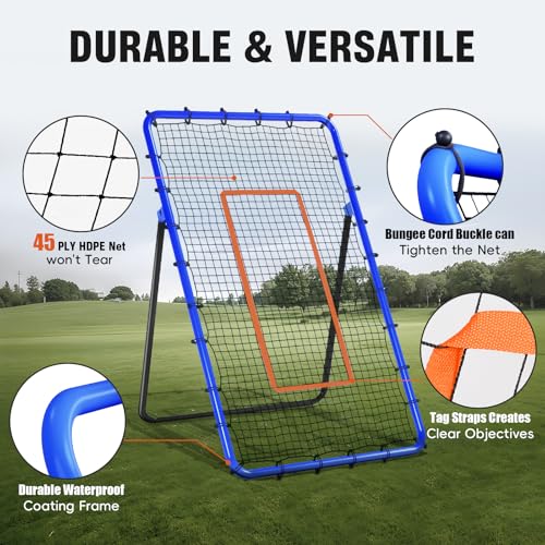 Volleyball Rebounder Net, 5 Angles Adjustable Volleyball Training Equipment Bounce Back Net with Sturdy Sandbags & Metal Stakes, Also for Lacrosse, Baseball, Soccer Practicing - 7x4 Ft