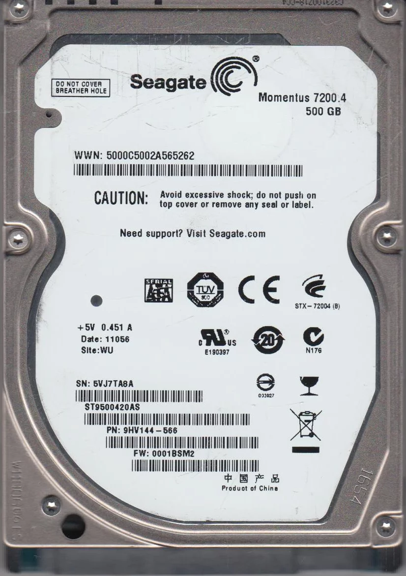 ST9500420AS, 5VJ, WU, PN 9HV144-566, FW 0001BSM2, Seagate 500GB SATA 2.5 Hard Drive