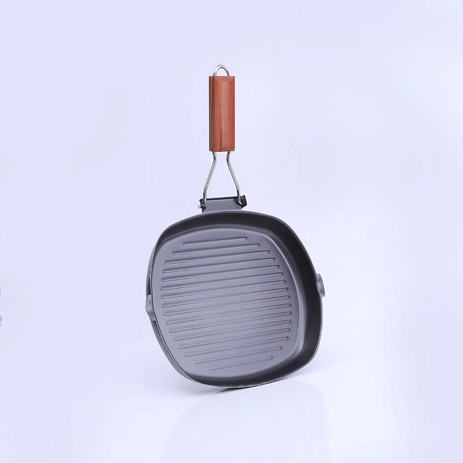 Grill Pans with Folding Wooden Handle Cast Iron Non Stick Steak Frying Pan for Grilling, Frying, Sauteing