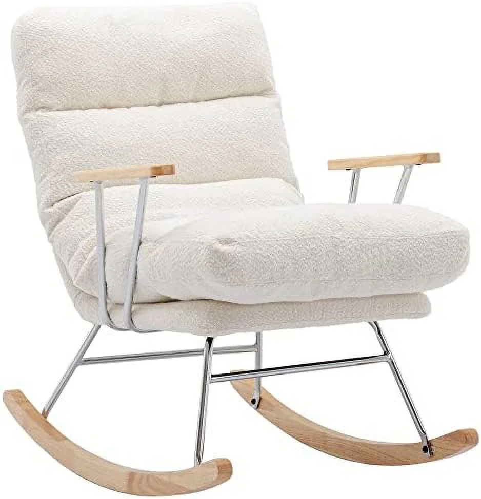 KBANZIBIU Rocking Chair with Reclining Back  Faux Sherpa Upholstered Comfy Glider Chair with Adjustable Back  for Living Room/Bedroom  Cream