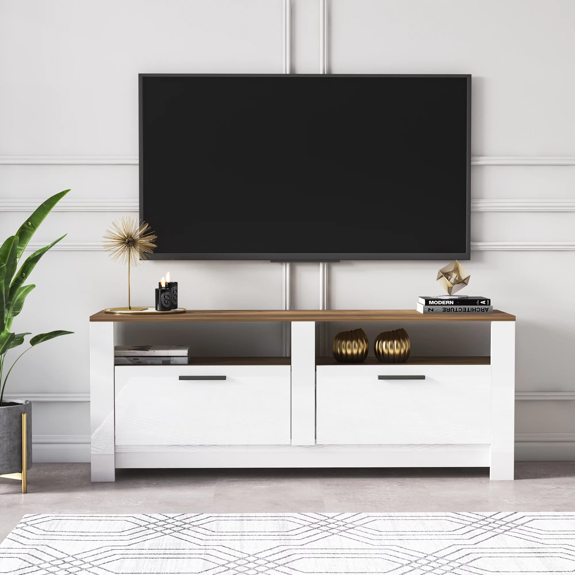 Grado White and Oak TV Stand for TVs up to 65 Inches | 57 Inch 2 Drawers and Open Shelves