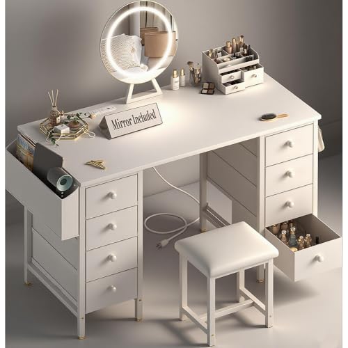 White Vanity Desk with Mirror and Light- Makeup Vanity Set Table with Chair, Storage, Lighted Mirror, 8 Large Fabric Drawers & Power Outlet, Dressing Table Vanities for Girls Bedroom