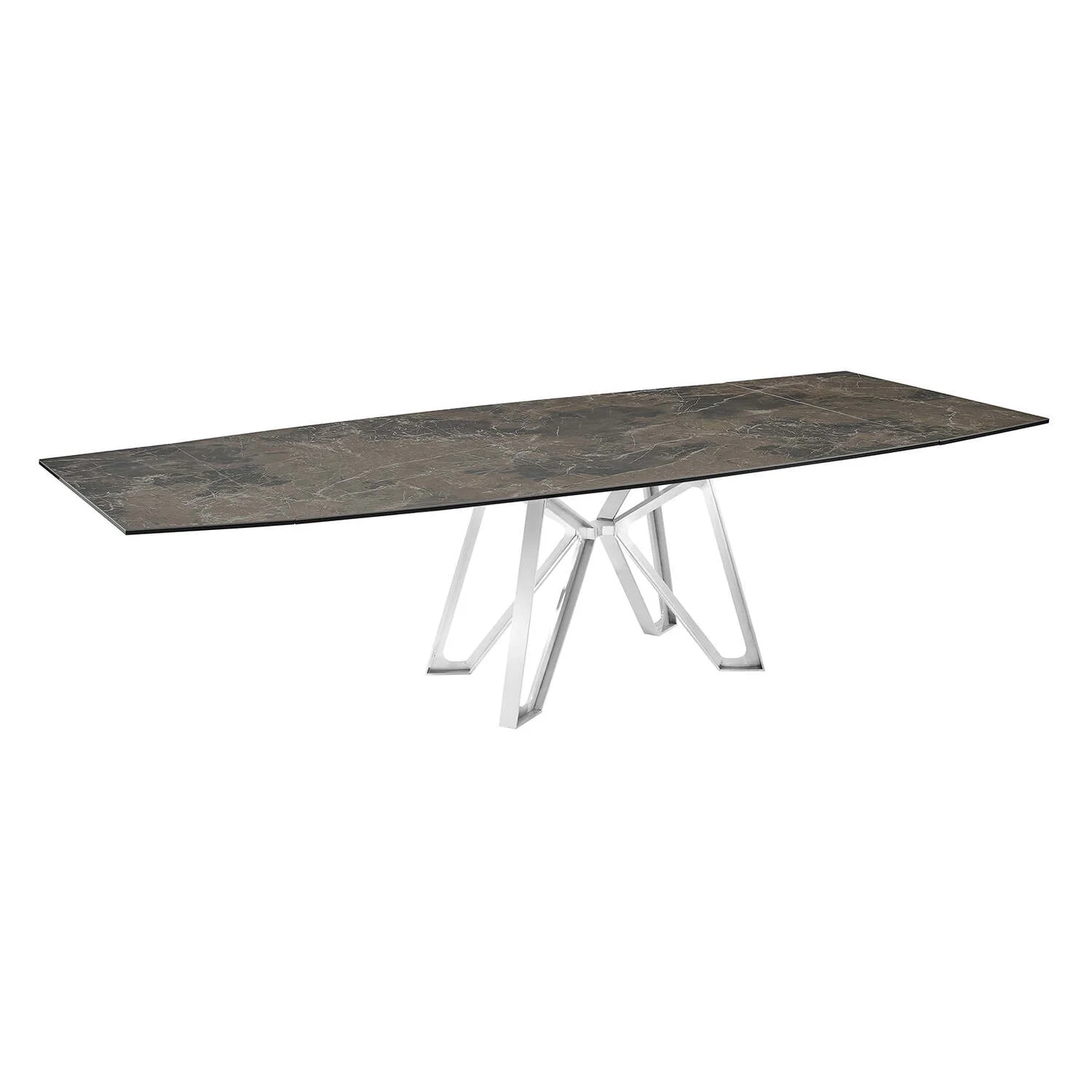 Casabianca Home Dining table with brushed stainless steel base and brown marbled porcelain top.