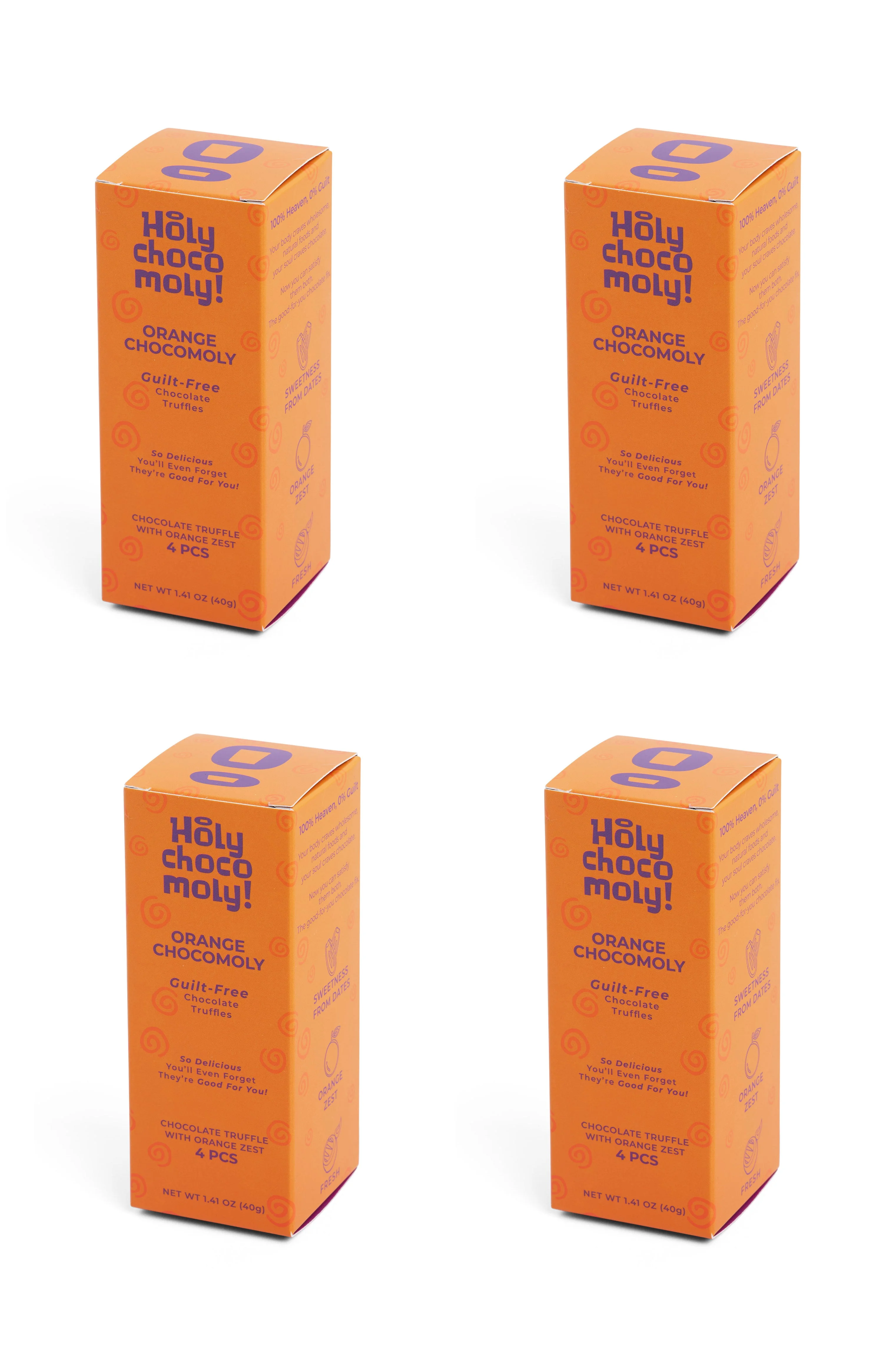 Holy Chocomoly! | 4 Pack Orange Zest Chocolate Truffles | Low in Refined Sugar, Whole Food Ingredients | Made With Dates and Real Nut Butters | On the Go Snacks | 4 Truffles/Box, 16 Count