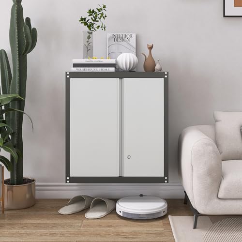 GREATMEET Metal Storage Cabinet with Locking Doors and Wheels,Garage Cabinet with Shelves for Home Office, Gym, School,Black+Grey