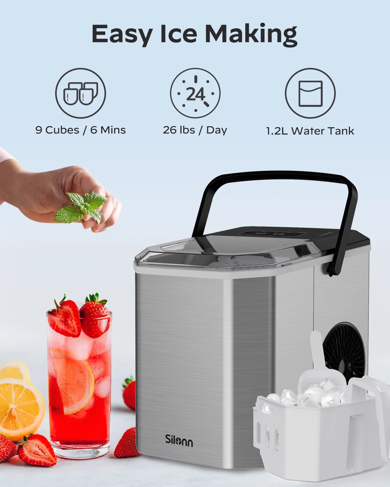 Countertop Ice Maker Machine with Handle, 9pcs/6min, 26lbs/24h, W/2 Sizes Bullet-Shaped Ice, W/Scoop & Basket, Self-Cleaning, Silver