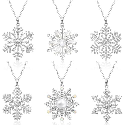 DTOFOOT ﻿6 Pack Christmas Winter Snowflake Necklaces for Women Sparky Rhinestone Crystal Pearl Snowflake Charm Collar Necklace Xmas Snowflake Pendant Necklace Holiday Festival Jewelry Necklace