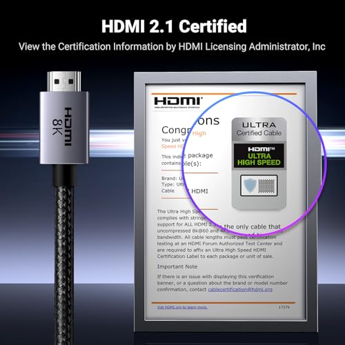 UGREEN 8K HDMI 2.1 Cable 48Gbps 16FT, Certified Ultra High Speed HDMI Cord Aluminum, 4K@240Hz 120Hz 10K 8K@60Hz, HDCP 2.2&2.3, eARC HDR 10 Dolby Compatible with PS5/Blu-ray/Roku TV/Switch 2/Mac mini