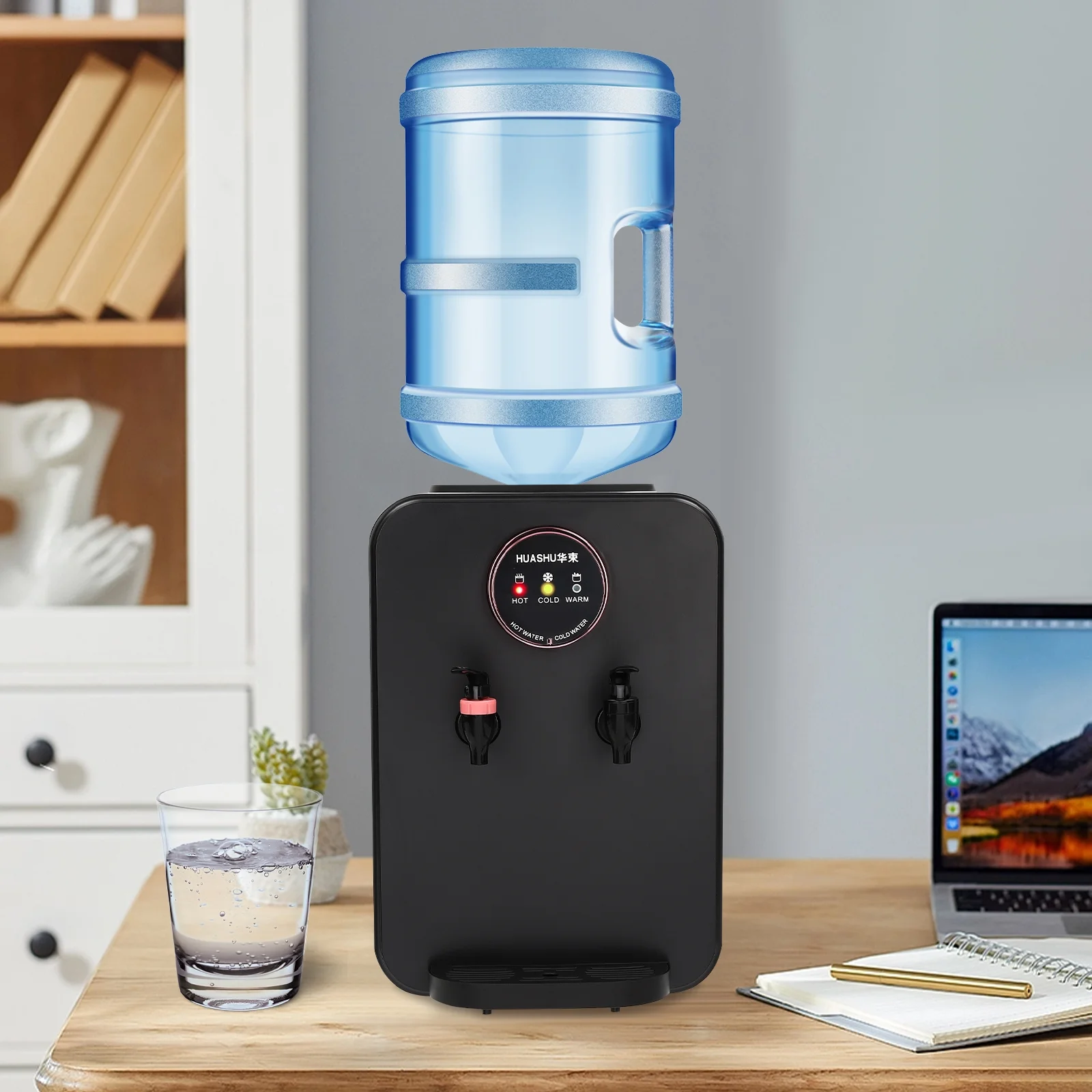 Top Loading Water Cooler, Countertop Hot/Cold Water Dispenser, 110V Premium Water Dispenser with Hot Cold and Room Temperature Water,Black,Applicable Bucket Capacity 4.5-18.9L/1.19-4.99gal