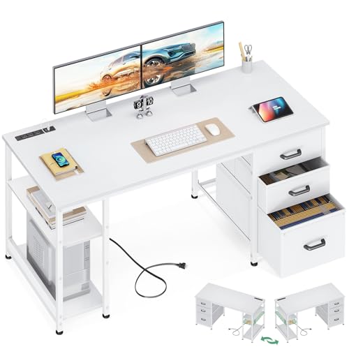 AODK 51 Inch Computer Desk with Fabric Drawers & USB Power Outlets - Reversible Home Office Desk with Storage Shelves, Work from Home, Modern Work/Writing/Study Table for Bedroom, Grey Oak