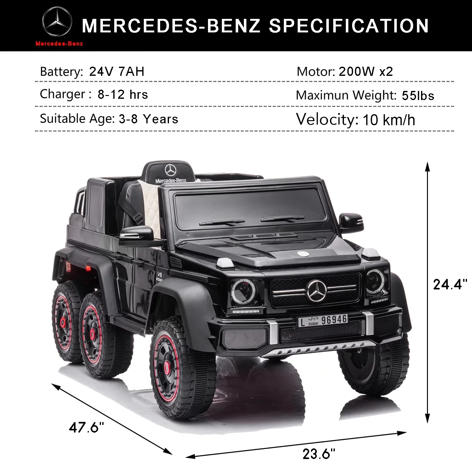 Track 7 24V Ride on Car, Licensed Mercedes Benz G63 24V Electric Car with Remote Control, Music, Bluetooth, Leather Seat, 6 Wheels Kids Ride on Truck, Black