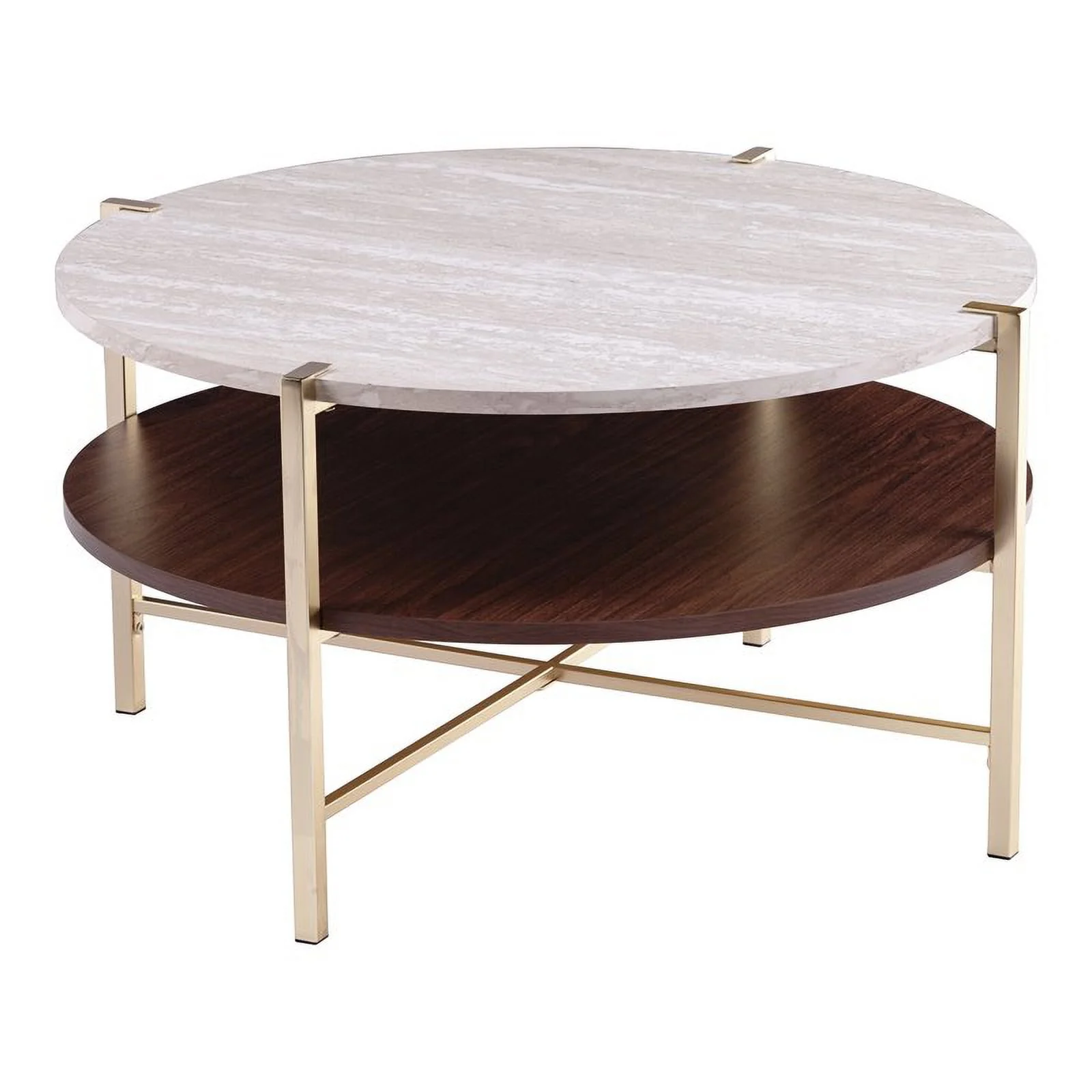 Maklaine 2 - Tier Round Faux Marble Top Cocktail Table in Brass / Dark Tobacco