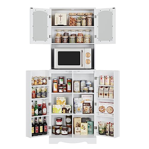 HOSTACK 71'' Pantry Cabinet, Tall Storage Cabinet with Microwave Stand, Freestanding Kitchen Hutch with Doors and Adjustable Shelves, Mordern Food Pantry for Kitchen, Dining Room, White