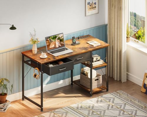 Coleshome Laptop Desk, 40 Inch Small Computer Desk With Drawers & Power Outlet for Bedroom, Home Office With Storage Shelves, Reversible Study Table Vanity for Small Spaces, White