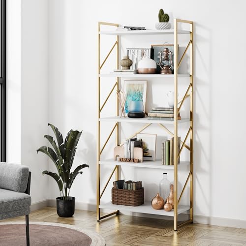 Shintenchi 5 Tiers Bookshelf, Classically Tall Bookcase Shelf,Industrial Book Rack,Modern Book Holder in Bedroom/Living Room/Home/Office, Storage Rack Shelves for Books/Movies,Gold