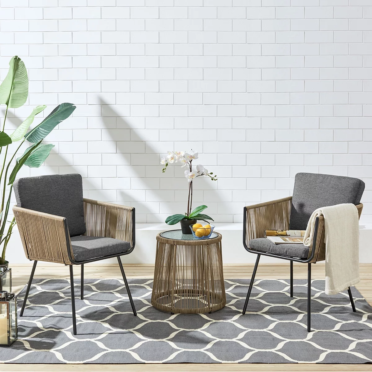 Barton 3-Pieces Outdoor Patio Wicker Chat Conversation Bistro Set (2) Chairs Armrest and Glass Table, Grey