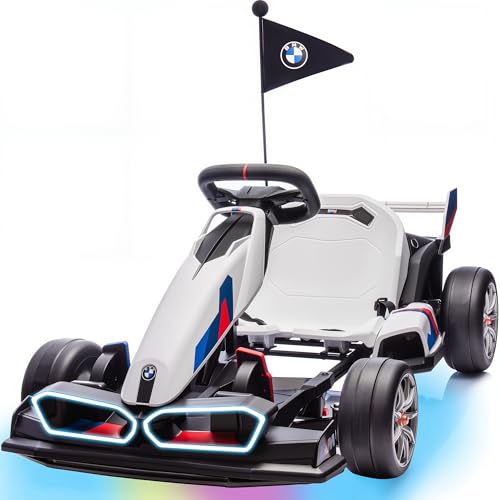 24V 9AH Electric Go Kart with Adjustable Seat, 7.5 MPH Drift Kart for Kids Age 6-12, 2 * 200W Motors, Drift Mode and 2 Speed, Licensed BMW (Grey)