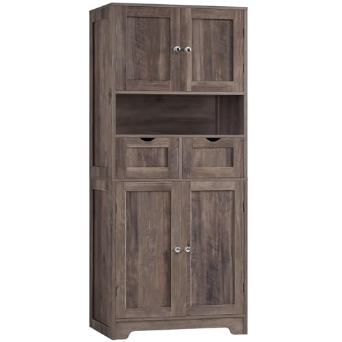 Iwell 72” Kitchen Pantry Cabinet, Tall Storage Cabinet with 6 Hanging Shelves and Adjustable Shelves, Freestanding Cupboard with 4 Doors and 1 Drawer for Kitchen, Dining Room,Living Room, Black