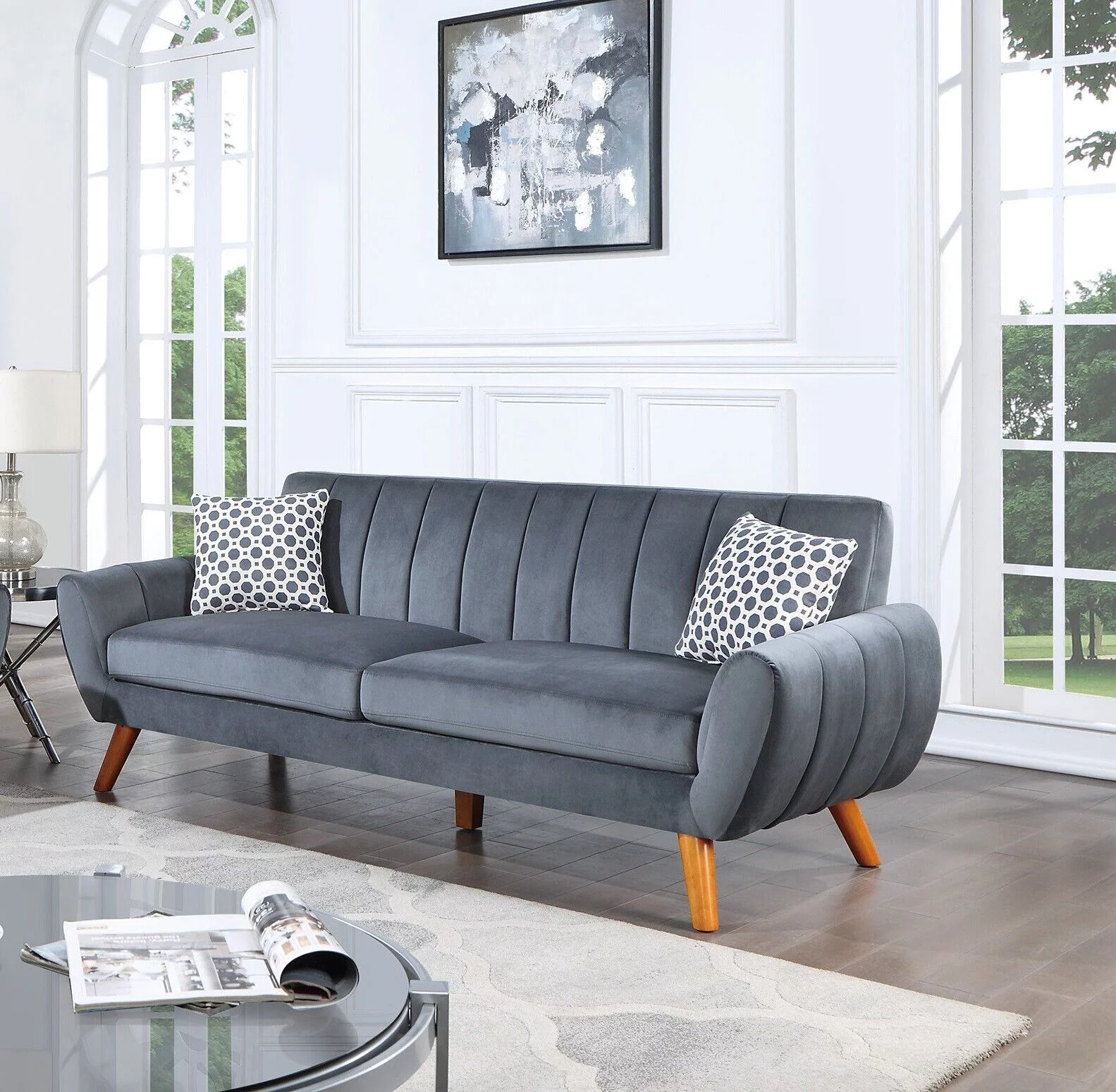 2pc Sofa Set Sofa And Loveseat w Pillows Velvet Fabric Plush Cushion Couch Dark Gray Wooden Legs Living Room Guest Furniture