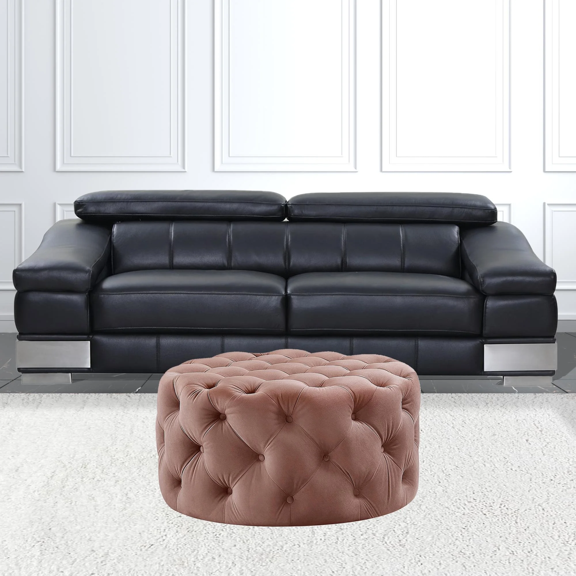 HomeRoots 490621 17 x 33 x 33 in. Blush Velvet & Black Rolling Tufted Round Cocktail Ottoman